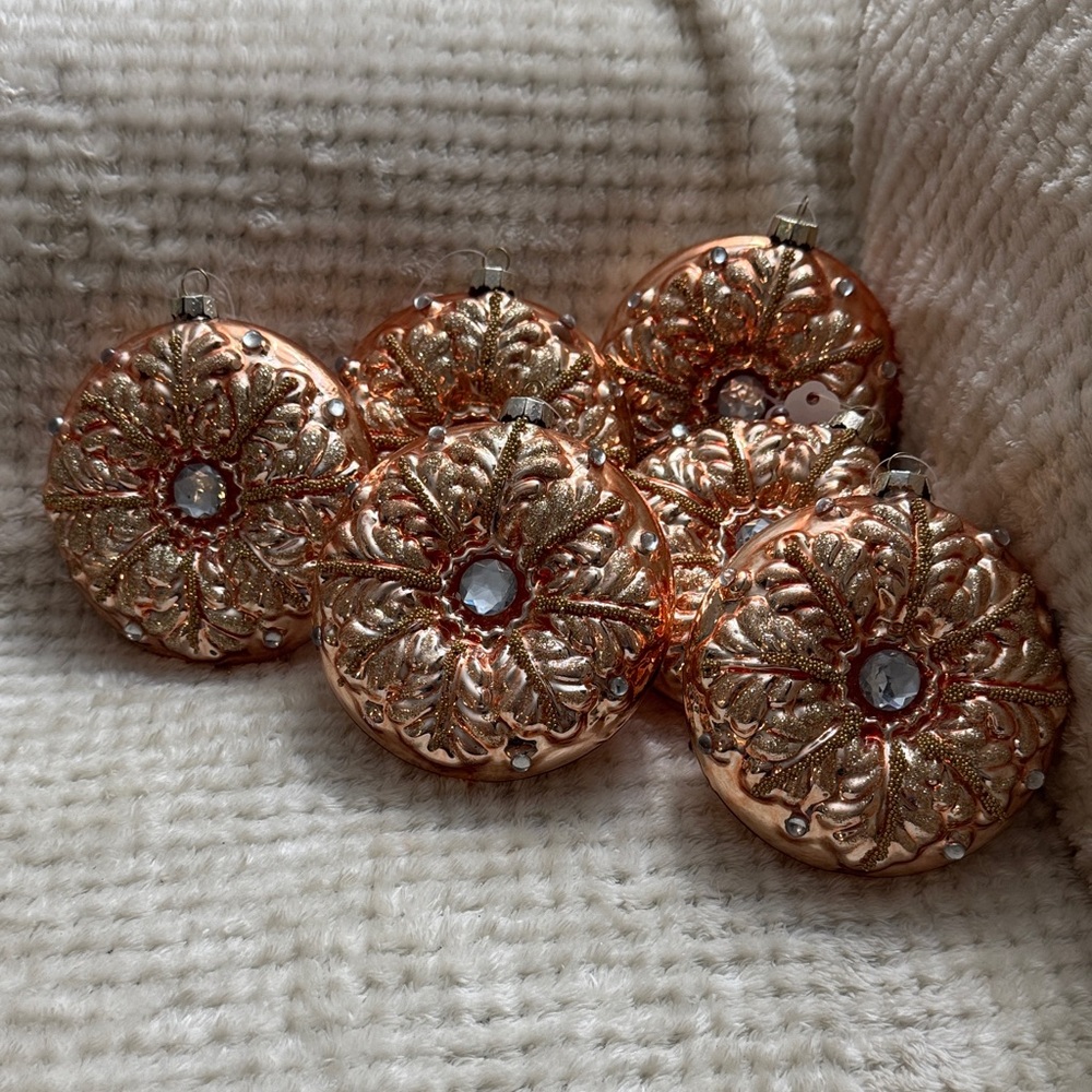 Elegant Designer Gold and Copper Orange Glass Ornaments Set 6